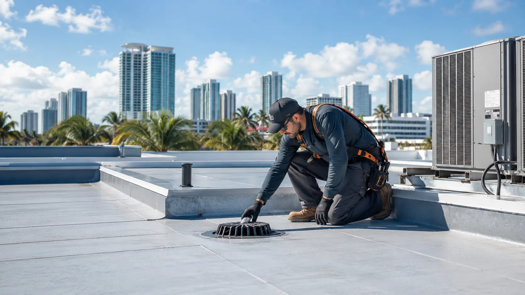 Commercial roofing technician inspecting drainage on a flat commercial roof in South Florida