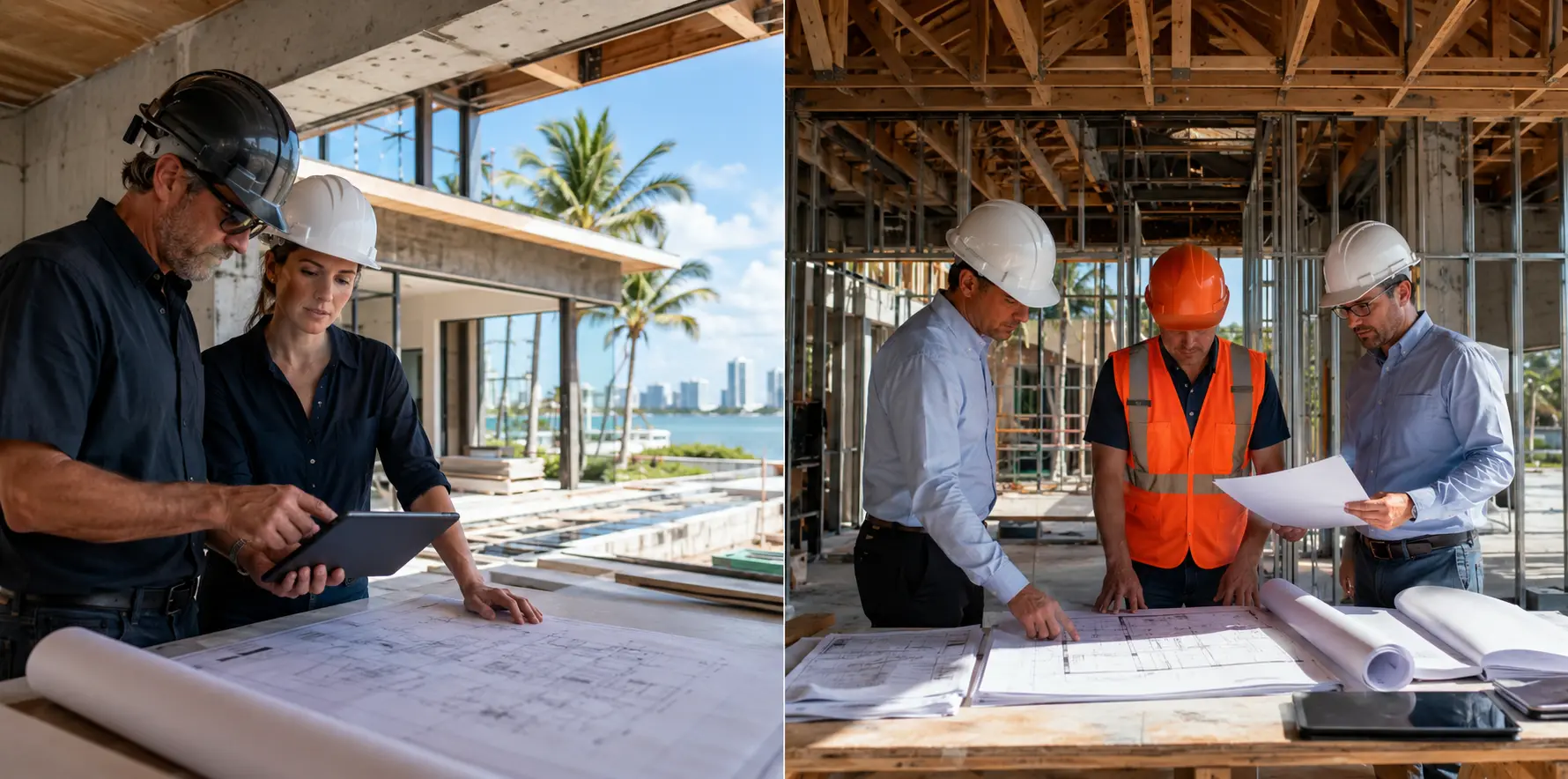 Professional construction team reviewing design-build plans at a South Florida jobsite