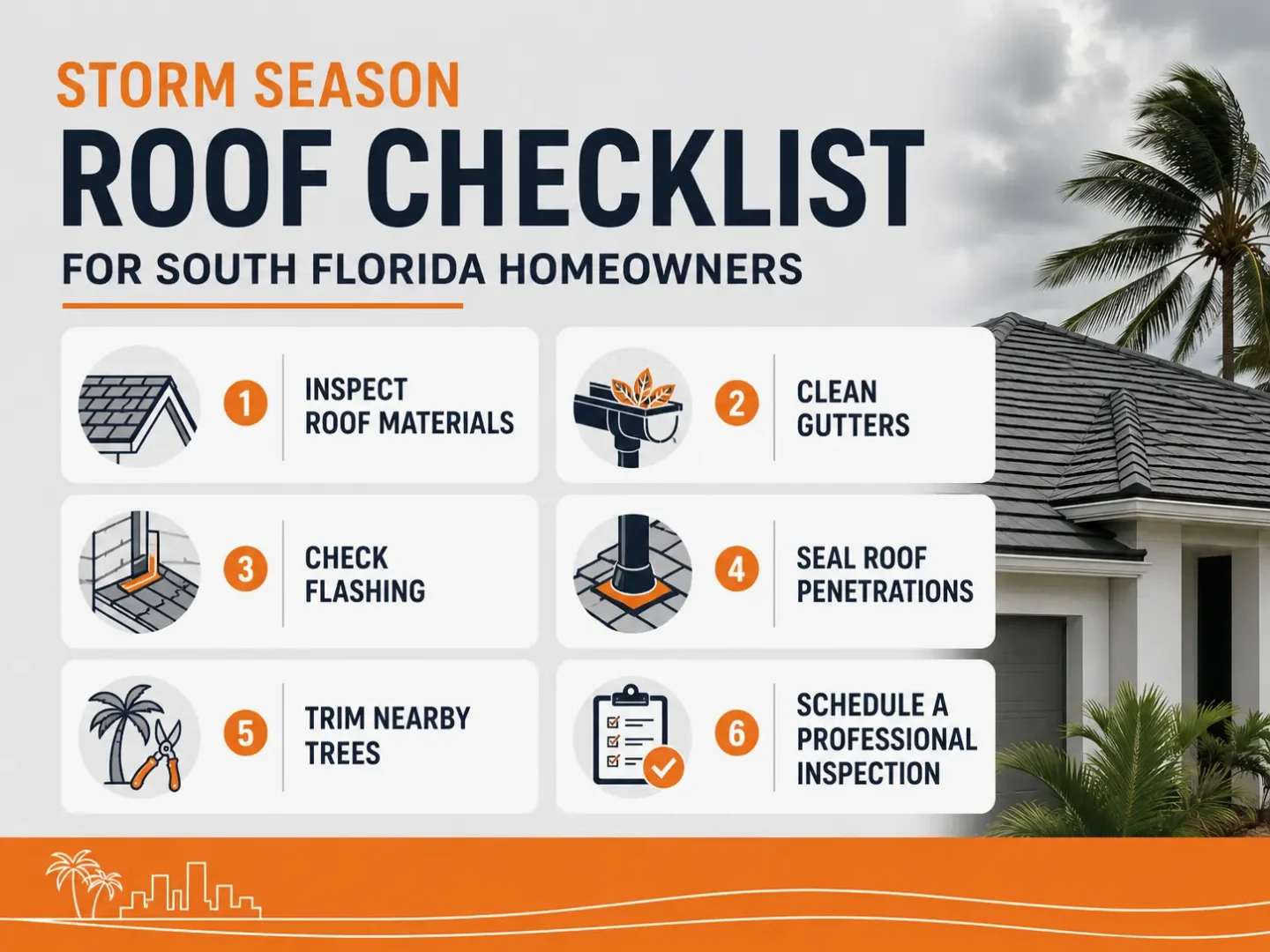 Storm season roof checklist infographic for South Florida homeowners with six key roof preparation steps