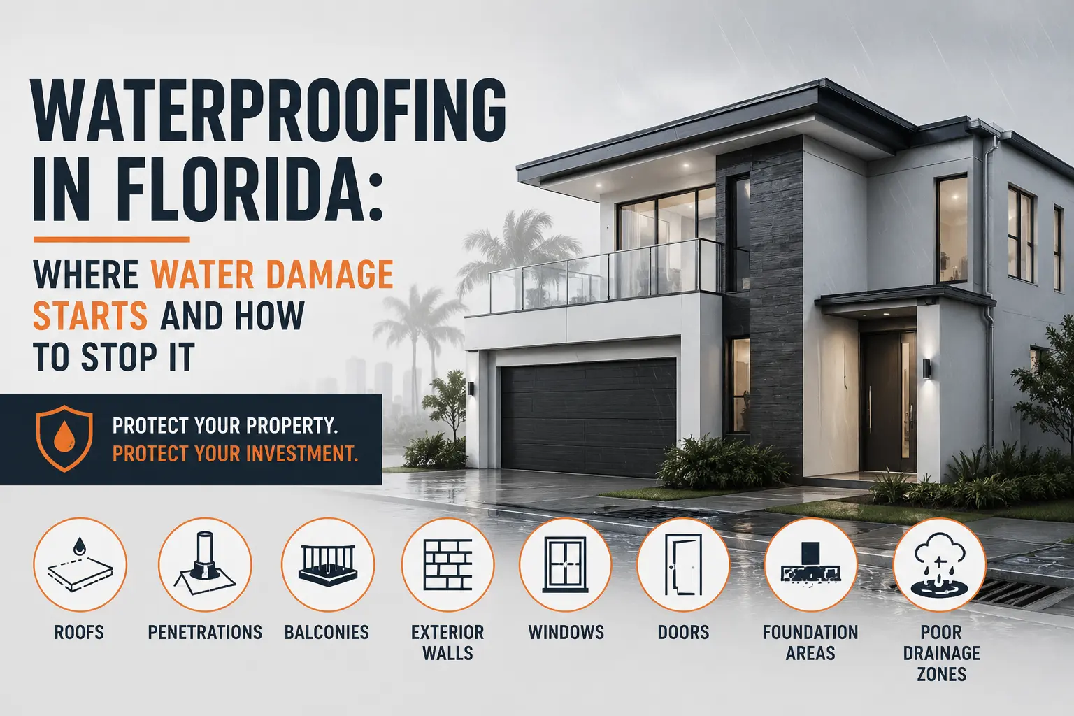 Modern Florida home protected against rain and water intrusion with waterproofing icons