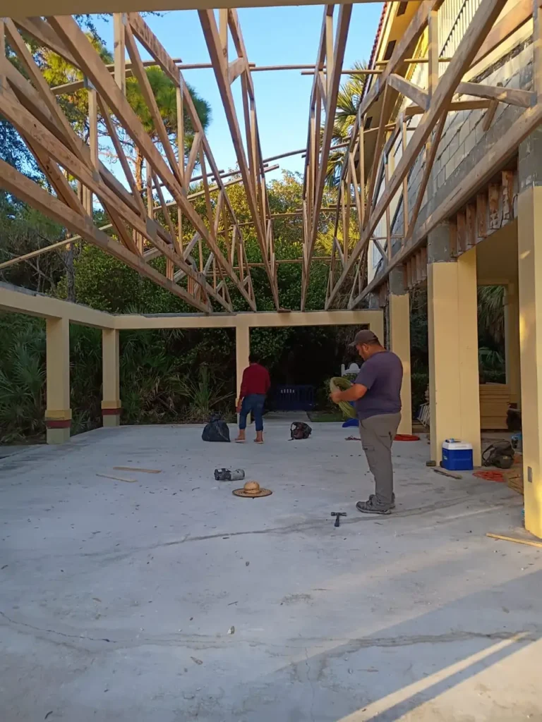 Detailed view of the structural connections and beams used in the Coconut Creek pavilion renovation project.